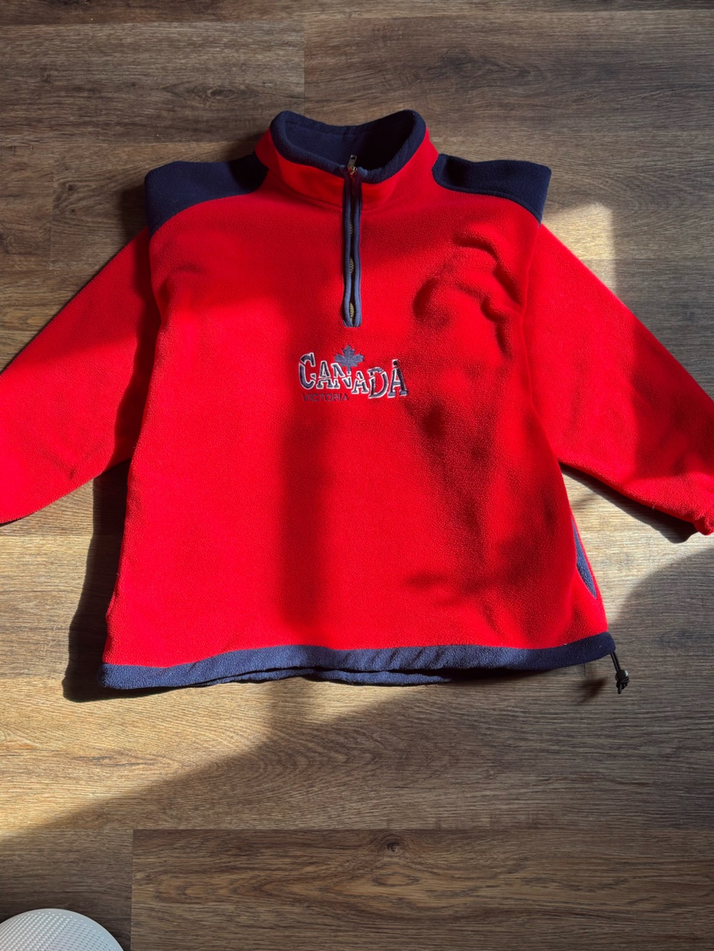 Vintage Victoria Canada Red Quarter Zip Fleece Sweater with Navy Trim